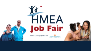 Photos of two pairs of individuals, plus the words HMEA Job Fair